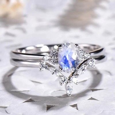 Casamento azul Ring Set de Moonstone do arco-íris de 925 Sterling Silver Natural Stone Jewelry