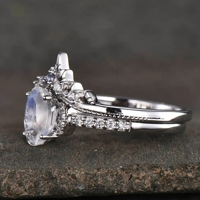 Casamento azul Ring Set de Moonstone do arco-íris de 925 Sterling Silver Natural Stone Jewelry
