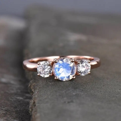 acoplamento Ring Moonstone Halo Rings Jewelry de 14K Rose Gold Oval Cabochon Cut Moonstone