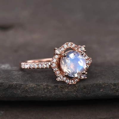 Anel de noivado lapidado círculo de Moonstone do arco-íris de 925 Sterling Silver Natural Gemstone Jewelry