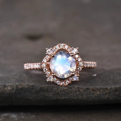 Anel azul lapidado natural de Moonstone de 925 anéis delicados da joia de Sterling Silver CZ