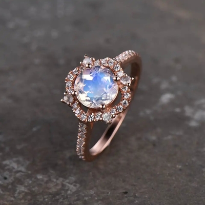 acoplamento Ring Moonstone Halo Rings Jewelry de 14K Rose Gold Oval Cabochon Cut Moonstone