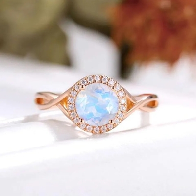 Anel de noivado lapidado círculo de Moonstone do arco-íris de 925 Sterling Silver Natural Gemstone Jewelry
