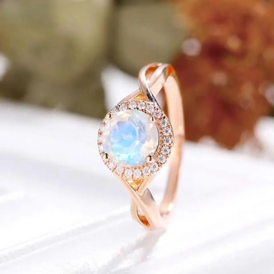 acoplamento Ring Moonstone Halo Rings Jewelry de 14K Rose Gold Oval Cabochon Cut Moonstone