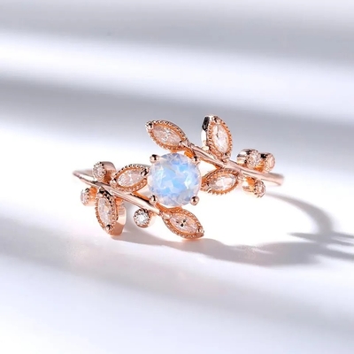 925 de alta qualidade Sterling Silver Natural Stone Jewelry lapidaram o anel da folha de Moonstone do arco-íris