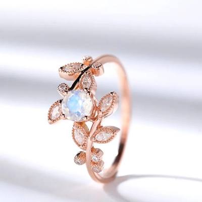 Anel de noivado de Moonstone da joia de Rose Gold Hexagon Shaped Wedding