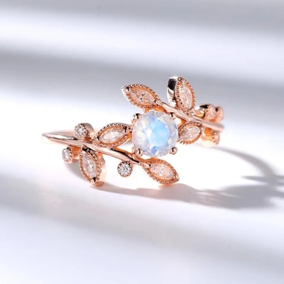 925 de alta qualidade Sterling Silver Natural Stone Jewelry lapidaram o anel da folha de Moonstone do arco-íris