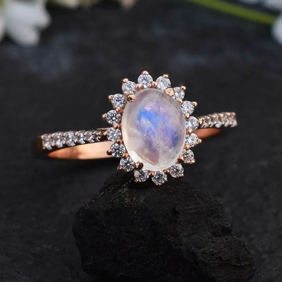 acoplamento Ring Moonstone Halo Rings Jewelry de 14K Rose Gold Oval Cabochon Cut Moonstone