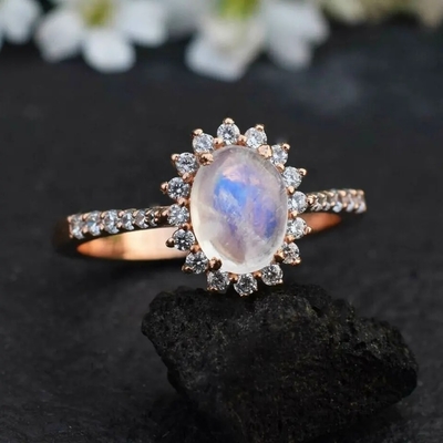 acoplamento Ring Moonstone Halo Rings Jewelry de 14K Rose Gold Oval Cabochon Cut Moonstone