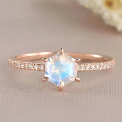 Anel de noivado de Moonstone da joia de Rose Gold Hexagon Shaped Wedding