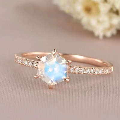 Anel de noivado de Moonstone da joia de Rose Gold Hexagon Shaped Wedding