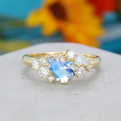 presente antigo nupcial do aniversário da promessa do ouro 14K amarelo para o anel de noivado dado forma pera de Moonstone das mulheres