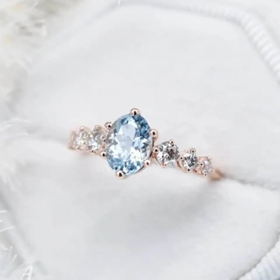 Acoplamento azul oval fantástico delicado Ring Cluster Dainty Rings de água-marinha de S925 Sterling Silver Rose Gold Round CZ