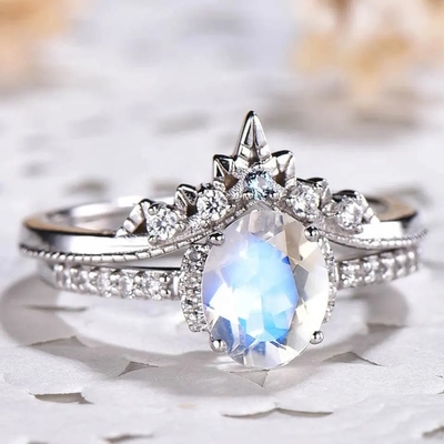 Acoplamento Diamond Rings 925 Sterling Silver de Moonstone do arco-íris