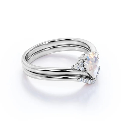 A pera natural do ouro S925 dá forma ao arco-íris Moonstone Ring Boho Wedding Set da CZ