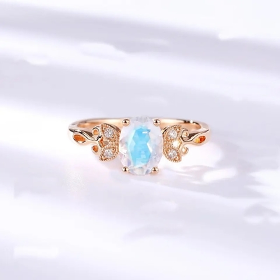 Anel azul genuíno 925 Sterling Silver Plated Rose Gold de Moonstone da joia da forma