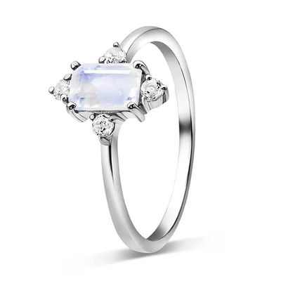 Anéis chapeados Sterling Silver de Emerald Cut Blue Moonstone Engagement do ouro branco