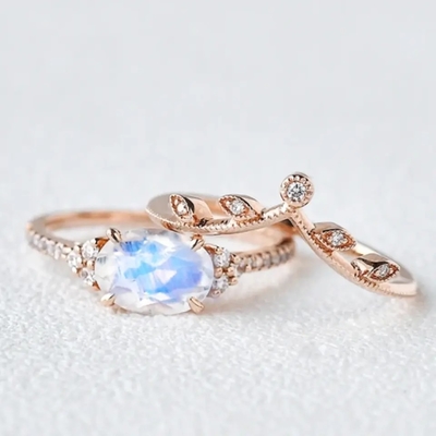 925 Sterling Silver Lady Wedding Ring Sets Inspired Promise Rainbow Natural Moonstone