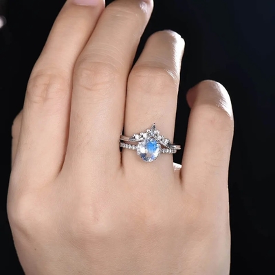 925 Sterling Silver Lady Wedding Ring Sets Inspired Promise Rainbow Natural Moonstone