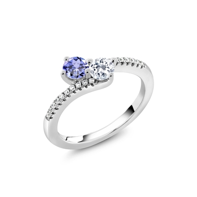 Gem Stone King 0,87 Ct em volta do topázio branco azul 925 Sterling Silver Bypass Ring de Tanzanite