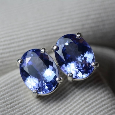 14k White Gold Oval Genuine Natural Tanzanite Earrings with Diamonds