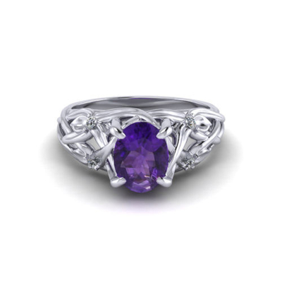 Ouro branco floral de Ring In 14k da ametista, ametista de 6x8mm, diamante .06cttw