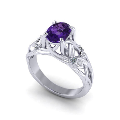 Ouro branco floral de Ring In 14k da ametista, ametista de 6x8mm, diamante .06cttw