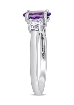 Ametista cortada oval e anel branco criado da safira 3-Stone em Sterling Silver