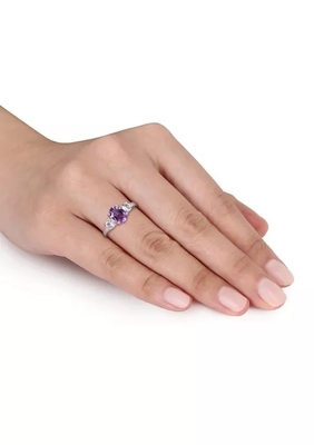 Ametista cortada oval e anel branco criado da safira 3-Stone em Sterling Silver