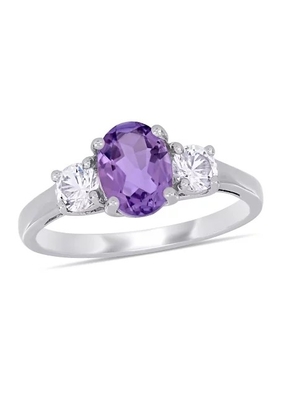 Ametista cortada oval e anel branco criado da safira 3-Stone em Sterling Silver