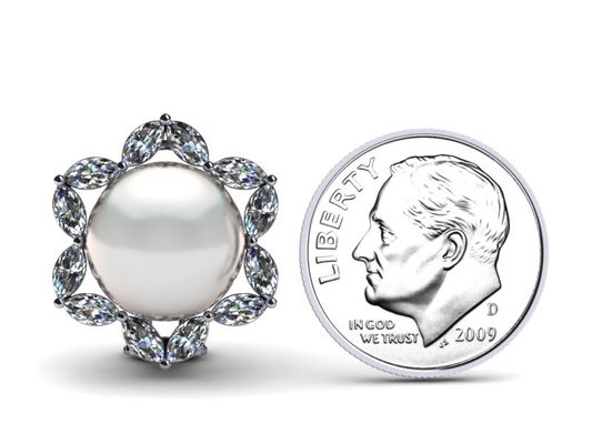 diamante do ouro 14K branco &amp; pérola cultivada de água doce branca Marquise Earring