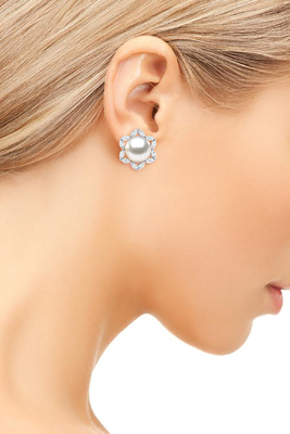 diamante do ouro 14K branco &amp; pérola cultivada de água doce branca Marquise Earring