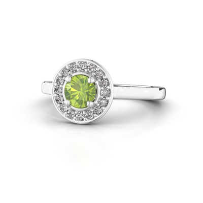 Anel do halo da platina do halo com um Peridot grande abraçado por pedras preciosas feitas sob medida menores