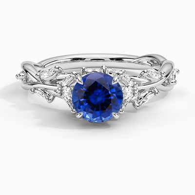 Sapphire Secret Garden Diamond RingSet com safira redonda azul superior de 6mm