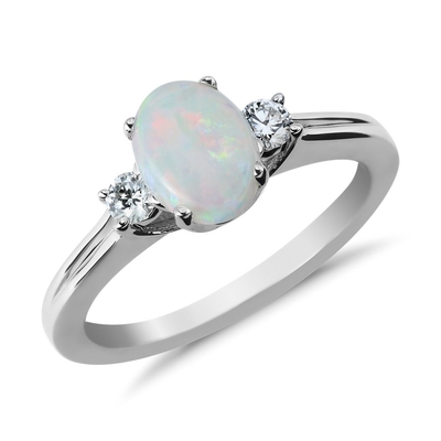 Opala e Diamond Accent Vintage-Style Ring ovais no ouro 10K branco