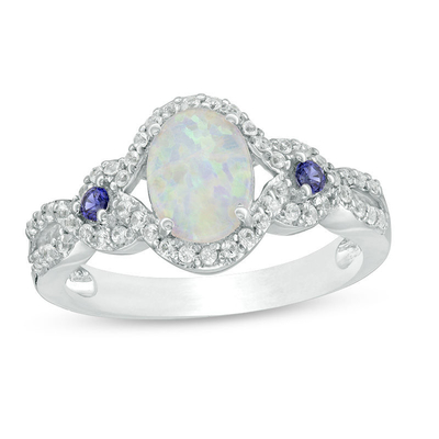 opala Coração-dada forma 5.0mm e 1/8 de CT. T.W. Diamond Frame Ring em Sterling Silver