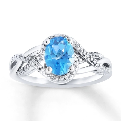 Anel de noivado azul suíço clássico 925 Sterling Silver de Topaz And Diamond Three Stone