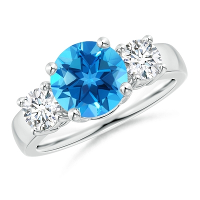 Anel de noivado azul suíço clássico 925 Sterling Silver de Topaz And Diamond Three Stone