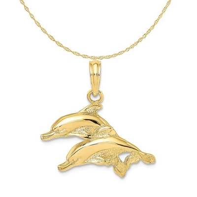 o ouro 10K amarelo lustrou o encanto gravado do pendente dos golfinhos com a colar de pouco peso da corrente da corda do ouro 14K amarelo
