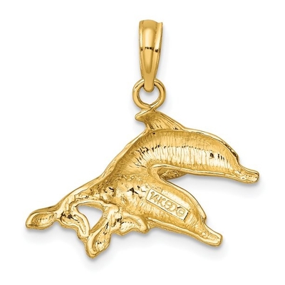 o ouro 10K amarelo lustrou o encanto gravado do pendente dos golfinhos com a colar de pouco peso da corrente da corda do ouro 14K amarelo
