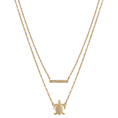 a barra do zirconita 14K e a colar Flash-chapeadas ouro da tartaruga 2-Piece ajustaram-se com prolongamento