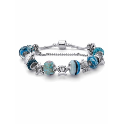Bracelete azul redondo 8&quot; Silvertone do encanto da tartaruga e da estrela do mar da “vida marinha” do cristal comprimento