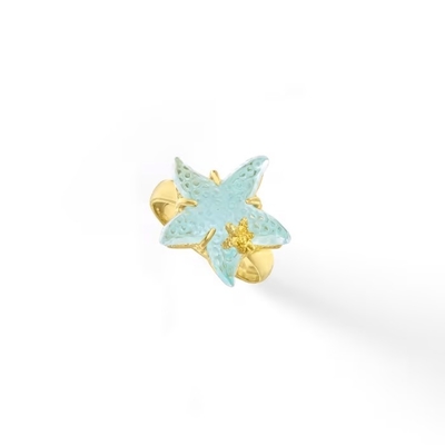 Brincos azuis italianos da aro da estrela do mar do esmalte no ouro 14kt amarelo. 1 1/4