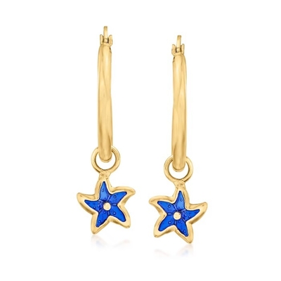 Brincos azuis italianos da aro da estrela do mar do esmalte no ouro 14kt amarelo. 1 1/4