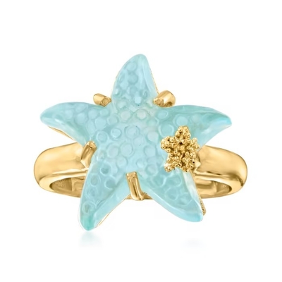 Brincos azuis italianos da aro da estrela do mar do esmalte no ouro 14kt amarelo. 1 1/4