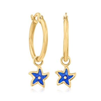 Brincos azuis italianos da aro da estrela do mar do esmalte no ouro 14kt amarelo. 1 1/4