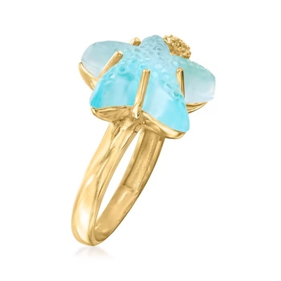 Anel de vidro Venetian azul da estrela do mar de Tagliamonte 16mm do italiano no ouro 18kt sobre Sterling
