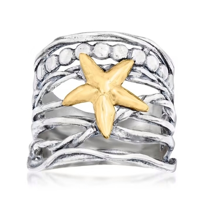 Anel de vidro Venetian azul da estrela do mar de Tagliamonte 16mm do italiano no ouro 18kt sobre Sterling