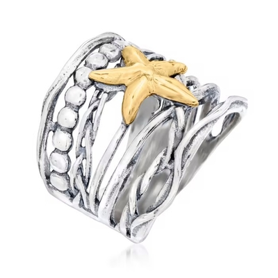 Anel de vidro Venetian azul da estrela do mar de Tagliamonte 16mm do italiano no ouro 18kt sobre Sterling