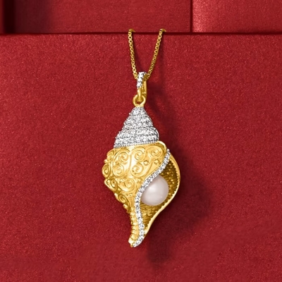 Pearl White cultivada 6mm Topaz Seashell Pendant Necklace no ouro 18kt sobre Sterling